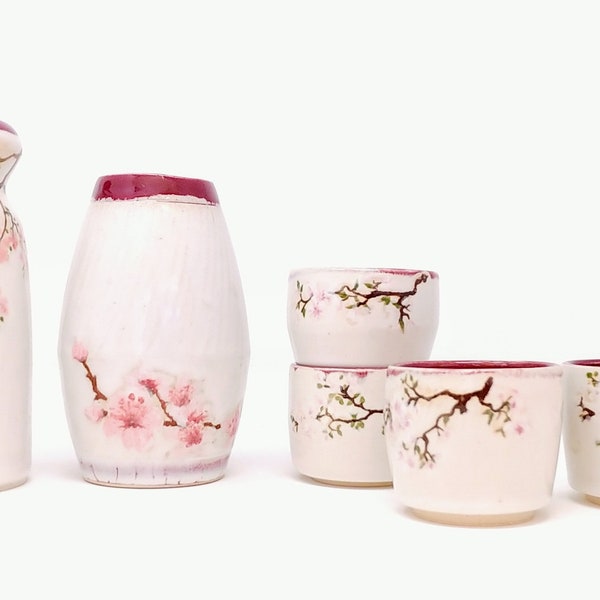 Handmade cherry blossom sake set, set of 6 cups, cherry blossom set, hand painted ceramics, hand painted sake set, ceramics, spring gift