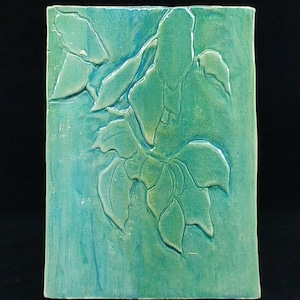 Handmade ceramic tile, ceramic wall tile, wall art, handmade ceramic tile with leaves, green glazed ceramic tile, tile with carved leaves
