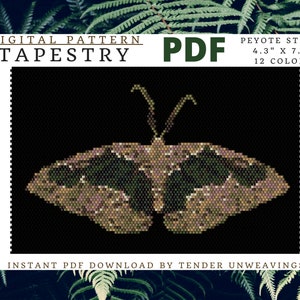 Peut inclure: Motif numérique pour une tapisserie représentant un papillon vert et brun sur fond noir. Le motif mesure 4,3 pouces par 7,3 pouces et utilise 12 couleurs. Le motif s'appelle "Point de Peyote".