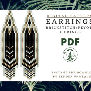 Elegante Brickstitch oorbellen patroon, Fringe oorbellen patroon, oorbel patroon, neutrale kralen oorbellen, kralen Fringe oorbellen PDF