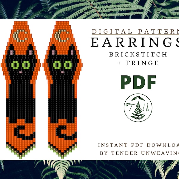 Black Cat Brickstitch Earrings Pattern, Cat Fringe Earrings Pattern, Cat Earring Pattern, Cat Beaded Earrings, Beaded Fringe Earrings PDF