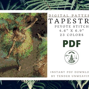 May include: Digital tapestry pattern in PDF format. The design, created using the peyote stitch, features a dancer in shades of green, brown, and beige. The pattern measures 4.6" x 6.9" and uses 23 colors. The image is set against a backdrop of ferns.