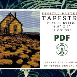 May include: Digital pattern for a tapestry featuring a yellow house on a hill. The pattern is 4.5 inches by 7 inches and uses 11 colors. The pattern is called "Tapestry" and is a peyote stitch pattern. The pattern is available as an instant PDF download from Tender Unweavings.