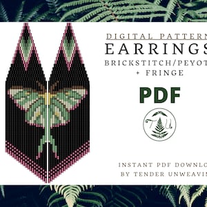 Luna Moth Brickstitch Earrings Pattern, Moth Fringe Earrings Pattern, Moth Earring Pattern, Moth Beaded Earrings, Beaded Fringe Earrings PDF