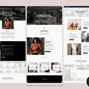 May include: A website homepage for a real estate agent, Tyra Moore, specializing in luxury real estate in Tampa Bay. The website features a black and white color scheme with images of homes and the agent. The text on the website includes the agent's name, the tagline "Crafting Legacies, One Home at a Time", and the website address "www.itsmondaysmuse.com".