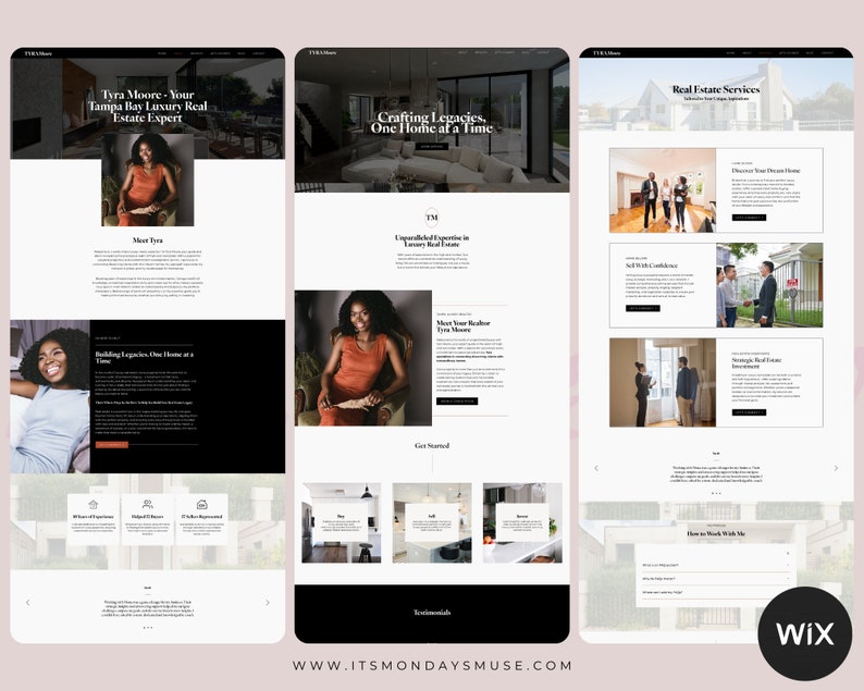 May include: A website homepage for a real estate agent, Tyra Moore, specializing in luxury real estate in Tampa Bay. The website features a black and white color scheme with images of homes and the agent. The text on the website includes the agent's name, the tagline "Crafting Legacies, One Home at a Time", and the website address "www.itsmondaysmuse.com".