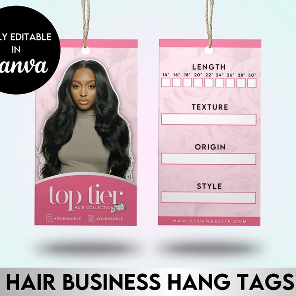 Bearbeitbarer Haaranhänger | Girly Pink Branding Aesthetic | DIY Canva Template | Vorgefertigter Anhänger | Haar Business | Hair Business Verpackung