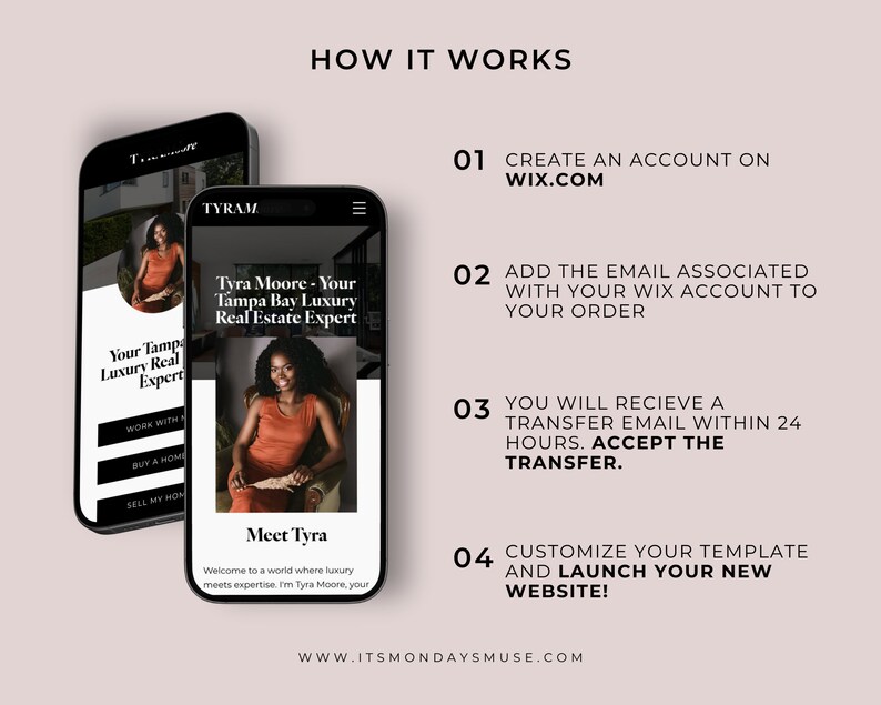 May include: A screenshot of a mobile phone displaying a website for a Tampa Bay luxury real estate expert. The website features a photo of the expert, Tyra Moore, and includes a call to action to "Work with Me", "Buy a Home", and "Sell My Home". The website also includes the text "Meet Tyra" and "Welcome to a world where luxury meets expertise. I'm Tyra Moore, your..." The website address is www.itsmondaysmuse.com.