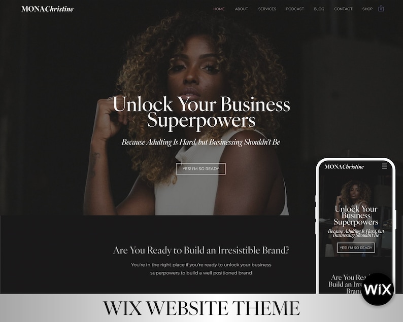May include: A website screenshot showing a woman with curly hair and a white shirt. The text on the website reads "Unlock Your Business Superpowers" and "Because Adulting Is Hard, but Businessing Shouldn't Be". The website is designed to help people build their business.