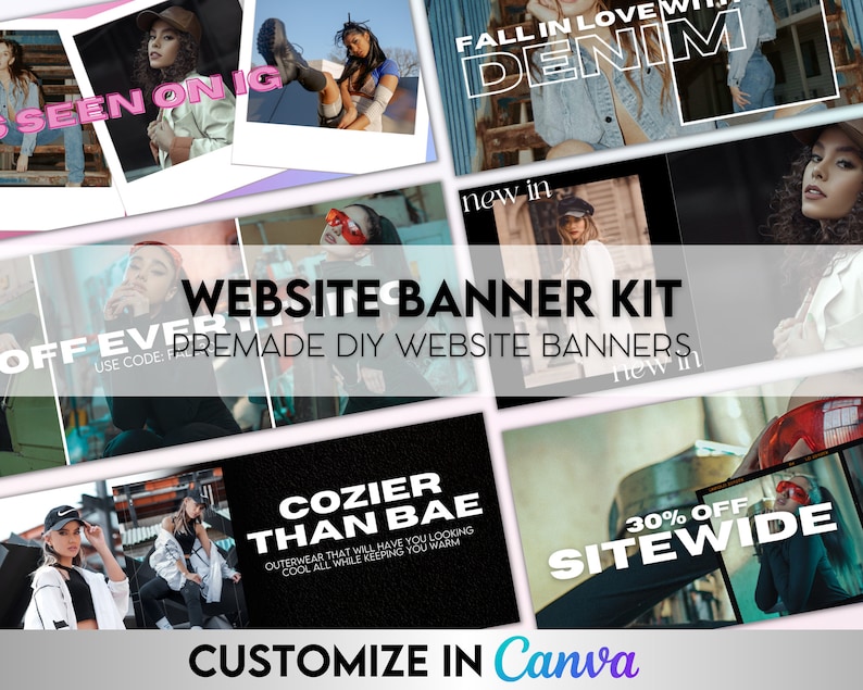 May include: A collection of website banner templates for an online store. The banners feature various images and text, including "Fall in Love with Denim", "New In", "30% Off Sitewide", "Cozier Than Bae", and "Off Everything, Use Code: FALL".