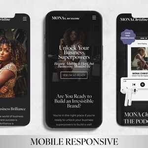 May include: A black mobile phone screen displaying a website for a business podcast. The website features a woman's headshot, the text "Unlock Your Business Superpowers", and the text "Are You Ready to Build an Irresistible Brand?"