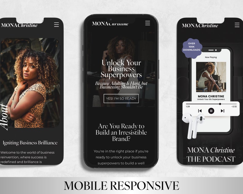 May include: A black mobile phone screen displaying a website for a business podcast. The website features a woman's headshot, the text "Unlock Your Business Superpowers", and the text "Are You Ready to Build an Irresistible Brand?"