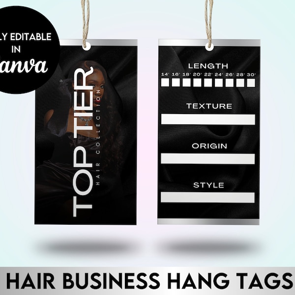 Bewerkbare haarhangtag | Luxe merkesthetiek | DIY Canva-sjabloon | Zwarte premade hangtag | Haarbedrijf | Haar zakelijke verpakking
