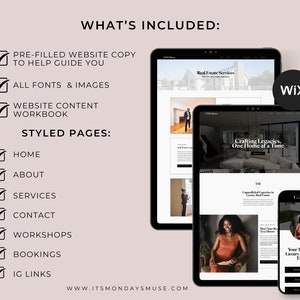 May include: A checklist of what's included in a website package for real estate agents. The checklist includes pre-filled website copy, all fonts and images, a website content workbook, and styled pages for home, about, services, contact, workshops, bookings, and IG links. The website is built on Wix.