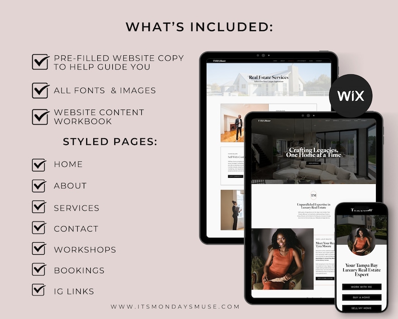 May include: A checklist of what's included in a website package for real estate agents. The checklist includes pre-filled website copy, all fonts and images, a website content workbook, and styled pages for home, about, services, contact, workshops, bookings, and IG links. The website is built on Wix.