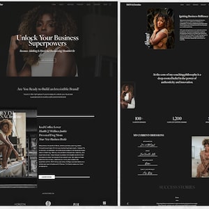 May include: A black and white website screenshot featuring a woman with a dark complexion. The website is for a business coach and features the text "Unlock Your Business Superpowers" and "Are You Ready to Build an Irresistible Brand?"