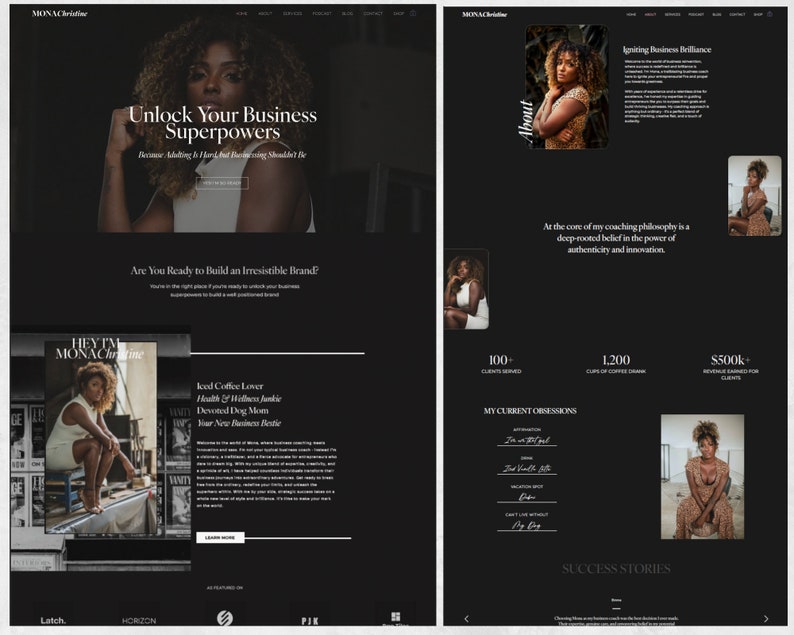 May include: A black and white website screenshot featuring a woman with a dark complexion. The website is for a business coach and features the text "Unlock Your Business Superpowers" and "Are You Ready to Build an Irresistible Brand?"