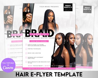 May include: A pink and white flyer with the text "Learn to Braid" and a photo of a woman with braids. The flyer advertises a knotless braiding mastery course. The course is being held on Friday, March 15th in Houston, Texas. The flyer also includes a list of what will be learned in the course, such as how to start a 6-figure knotless braiding business, parting techniques, and boho curl addition.