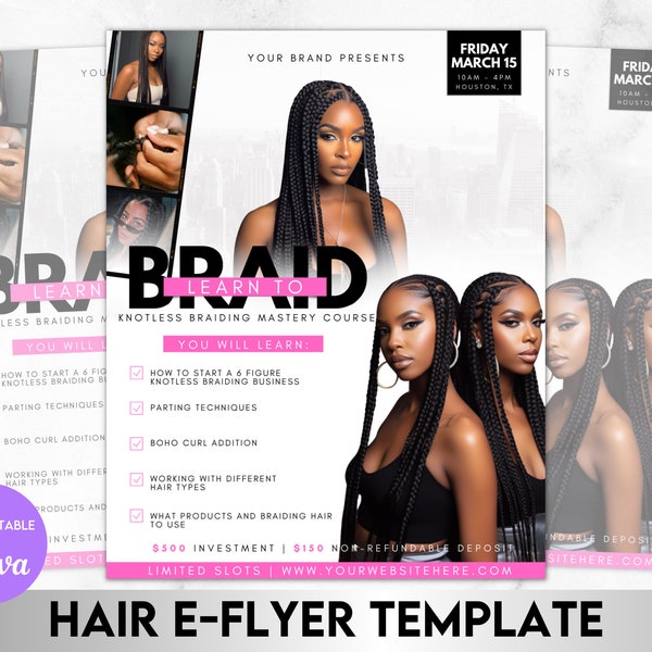 Editable Course Flyer Template | Sleek and Clean Aesthetic | Pink and White Master Class Template | DIY Hair Braiding Class Canva Template