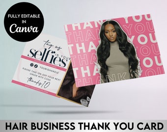 Editable Small Business Thank You Card Template | Pink Girly Aesthetic | Printable Thank You Card Package Insert | Hair Canva Template