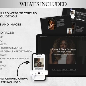 May include: A black and white website mockup with the text "Unlock Your Business Superpowers" and "Are You Ready to Build an Irresistible Brand?"  The website is for a podcast called "Mona Christine The Podcast".