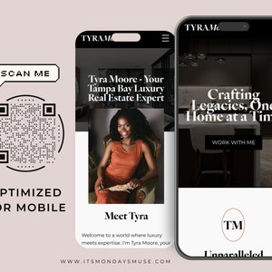 May include: A website screenshot showing a woman in a red top sitting in a chair. The text on the website reads "Tyra Moore - Your Tampa Bay Luxury Real Estate Expert" and "Crafting Legacies, One Home at a Time". The website also has a logo with the initials "TM" and the text "Unparalleled".