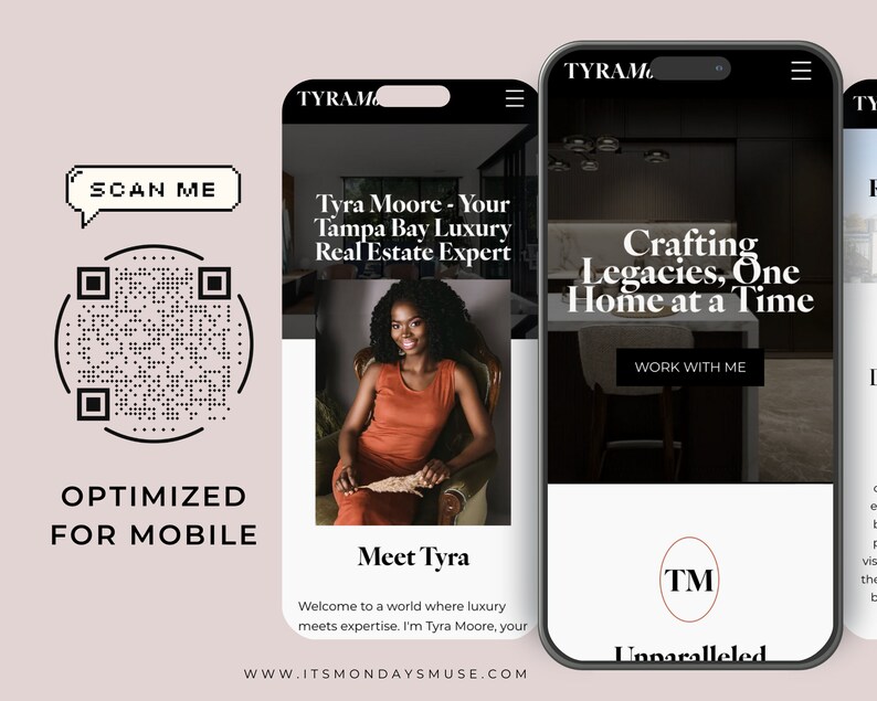 May include: A website screenshot showing a woman in a red top sitting in a chair. The text on the website reads "Tyra Moore - Your Tampa Bay Luxury Real Estate Expert" and "Crafting Legacies, One Home at a Time". The website also has a logo with the initials "TM" and the text "Unparalleled".