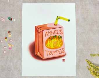 Impresión artística de caja de jugos venenosos de trompetas de ángel caprichosas, decoración de pared colorida