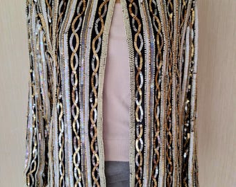 Vintage Papell Boutique Evening Silk Beaded Jacket | 1980s Black Gold Sequin Blazer | Luxury Formal Party Top Size L