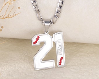 Customized Engraved Sport Number Necklace with Name|Baseball Lace Necklace|Personalized Lucky Pendant|Baseball and Sports Team Number