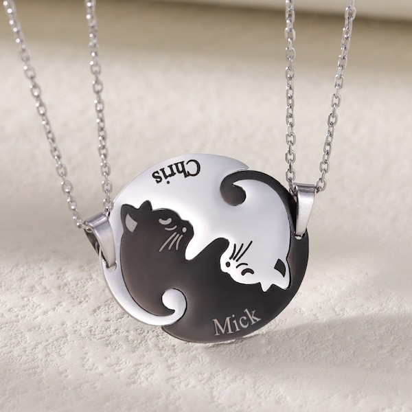 Collier chat noir et blanc personnalisé|Ensemble de colliers Best Friends|Collier Yin Yang personnalisé pour 2|Collier d'amitié|Collier sœur