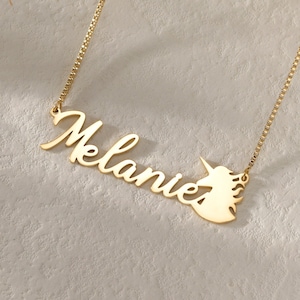 Collar con nombre de unicornio personalizado para niños/Collar con nombre personalizado en cadena de caja/Delicado collar con caballo de fantasía/Regalo de cumpleaños de unicornio