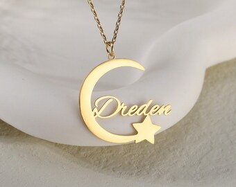 Personalised Moon and Star Necklace|custom Layering Name Necklace