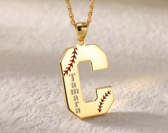 Personalized Initial Necklace with Baseball Lace|Tiny Sporty Initial Letter Necklace|Custom Lucky Pendant|Baseball and Sports Team Necklace