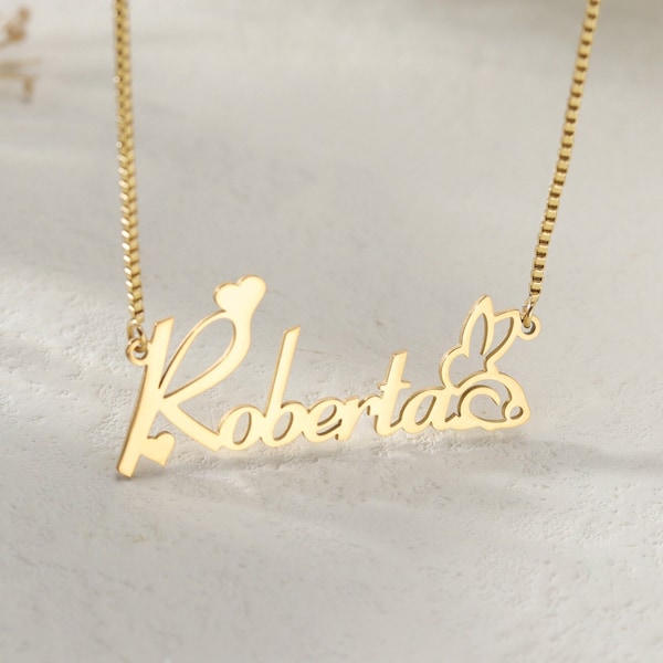 Bunny Charm Necklace with Name|Personalized Cute Animal Pendant for Daughter|Pet Name Plate Necklace Box Chain|Minimalist Rabbit Necklace