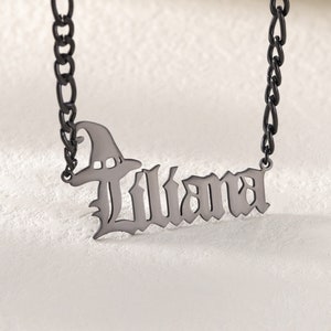 Custom Witch Hat Name Necklace|Personalized Old English Nameplate Necklace|Gothic Font Necklace|Halloween Jewelry Gift|Figaro Chain