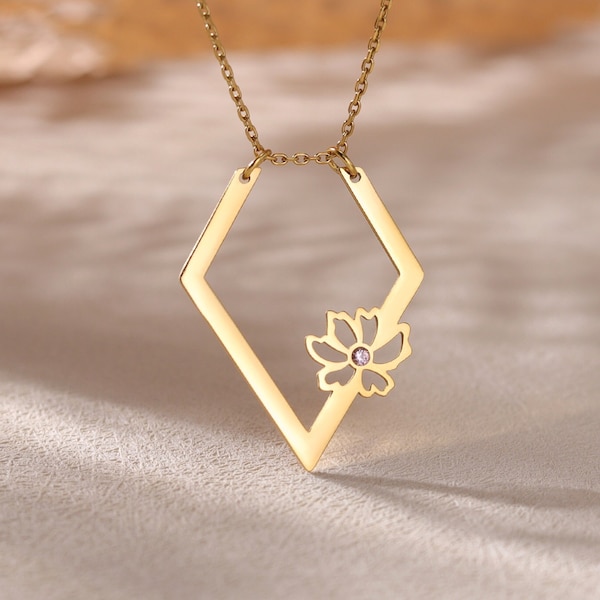 Custom Sideway Birthflower Ring Holder Necklace|Geometric Ring Keeper Pendant|Engagement Ring Keeper Birthstone Necklace|Ring Holder Jewelry