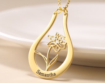 Ring Holder Necklace Custom Nameplate|Personalized Birth Flower Name Necklace|Geometric Ring Keeper Pendant|Floral Engagement Gift for Bride