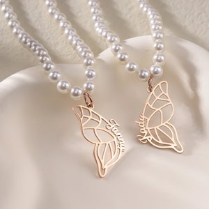 Custom Two Butterfly Necklace with Pearl|Best Friends Necklace Set|BFF Necklace for 2|Butterfly Wing Friendship Necklace|Sister Necklace