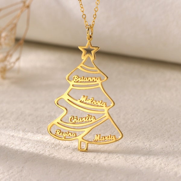 Dainty Christmas Tree Necklace with Custom Engraved Family Name, Personalized Xmas Tree Necklace, Holiday Jewelry Gift for Women and Kids