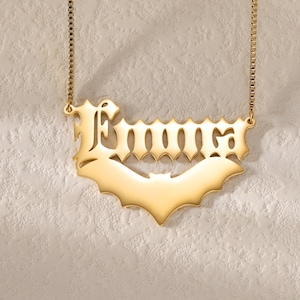 Bat Name Necklace|Personalized Old English Name Necklace with Box Chain|Custom Vampire Bat Name Pendant|Gothic Jewelry|Bat Lover Necklace
