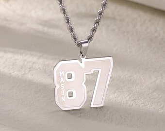 Silver Mens Number Necklace|Personalized Sport Number Necklace with Name|School Sport Team Necklace Rope Chain|Lucky Number Necklace