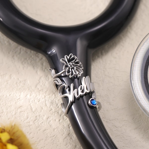 Stethoscope Personalized Name Tag with Birthflower and Birthstone|Stethoscope ID Tag|Stethoscope Charm|Gift for Nurse Graduation|RN Gift