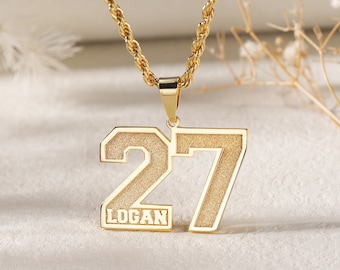 Custom Frosted Sport Number Necklace with Name|Year Necklace|Personalized Lucky Pendant|Baseball and Sports Team Number