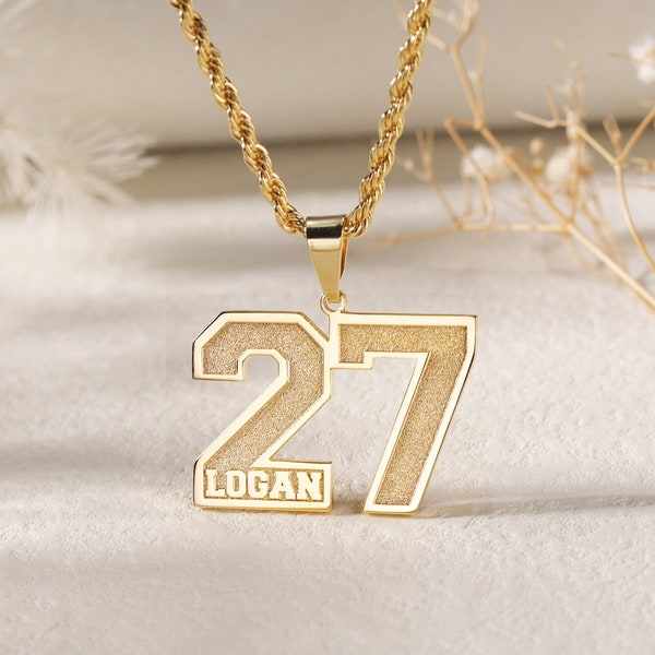 Custom Frosted Sport Number Necklace with Name|Year Necklace|Personalized Lucky Pendant|Baseball and Sports Team Number