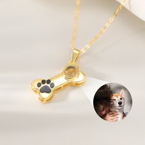 Dog Bone Picture Necklace|Paw Projection Photo Necklace|Custom Dog Necklace|Sterling Silver Keepsake Jewelry for Pet Lover|Pet Memorial Gift