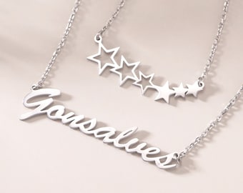 Personalized Dainty Stars Layered Name Necklace|Custom Lucky Star Name Necklace 2 in 1 Chains|Kids Name Necklace for Girl|Jewelry for Women