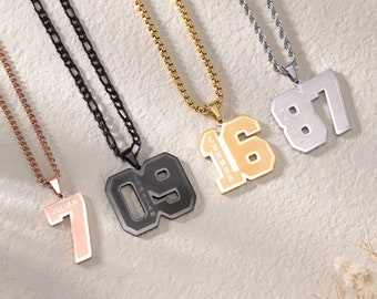 Custom Engraved Sport Number Necklace with Name|Year Necklace|Personalized Lucky Pendant|Baseball and Sports Team Number