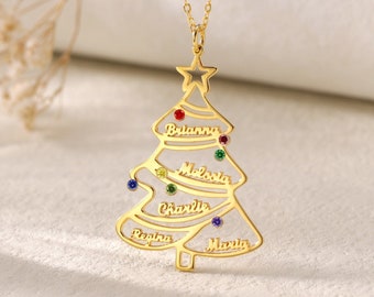 Christmas Tree Pendant Necklace, Engraved Family Name Necklace, Personalized Xmas Tree Necklace, Holiday Jewelry Gift for Women and Kids