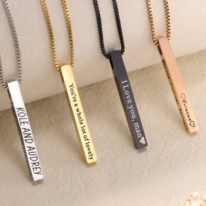 Personalized 3D Vertical Bar Name Necklace|Custom 4 Sides Bar Necklace|Minimalist Necklace|Engraved Signature Necklace|Date Necklace